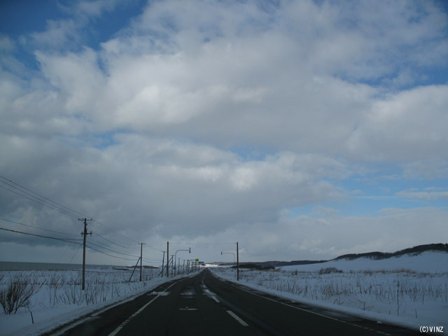 雪景色　雪道　道路 北海道の道路 道北 国道232号「オロロンライン」 遠別町 富士見