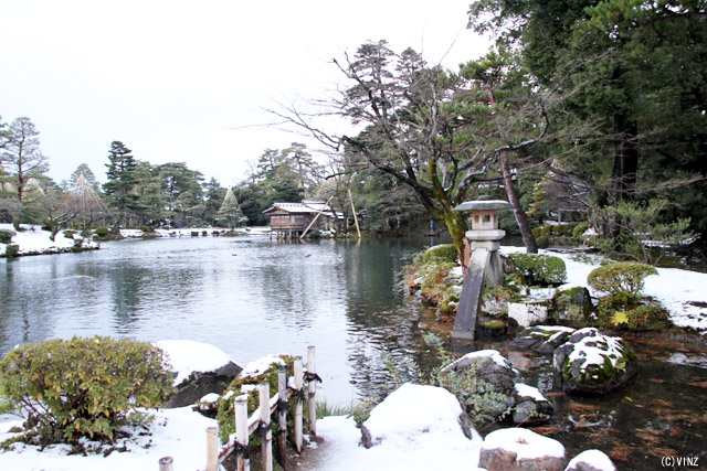 雪景色 冬 石川 金沢 兼六園 雪吊り 雪囲い 「徽軫灯籠 霞ヶ池」 